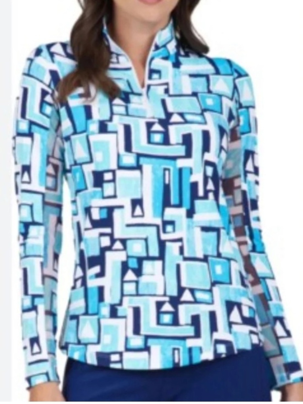 IBKUL Small, Women's Long-Sleeve Geometric Top in Teal, Navy & White